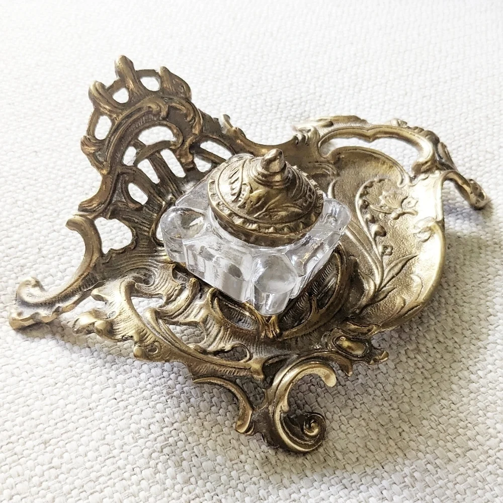 Vtg Handmade Brass Art Nouveau Victorian Inkwell Lenwile Ardalt Art Ware Taiwan